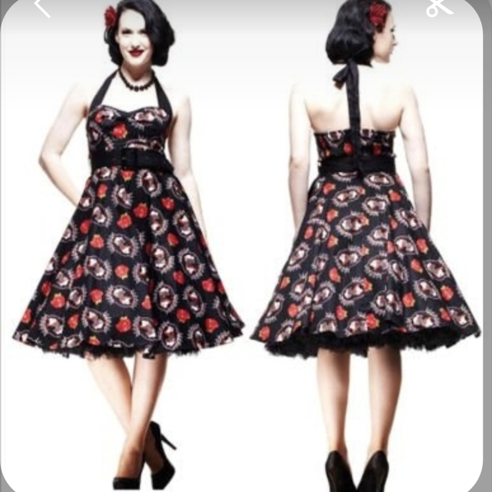HELL BUNNY Gypsy Sugar skull FORTUNA Halter Dress 50s Rockabilly Goth Punk mini